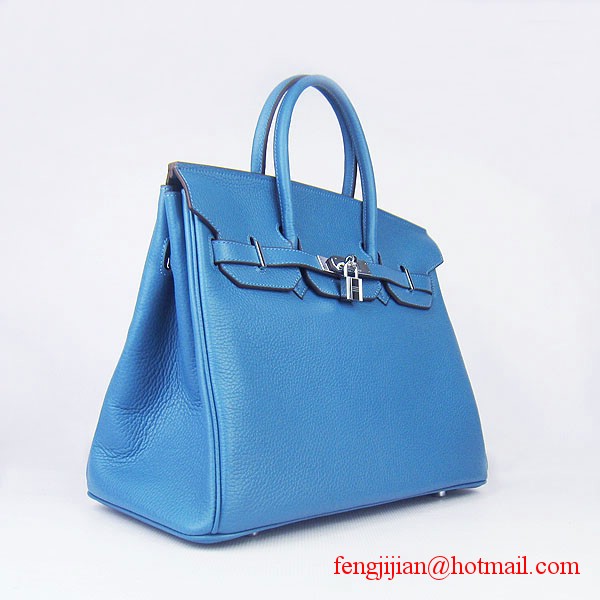 Hermes 35cm Embossed Veins Leather Bag Bule 6089 Silver Hardware Hermes 35cm Embossed Veins Leather Bag Bule 6089 Silver Hardware
